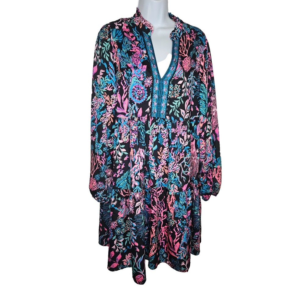 Lilly Pulitzer Black Floral Long Sleeve Tunic Dress with Pink & Teal